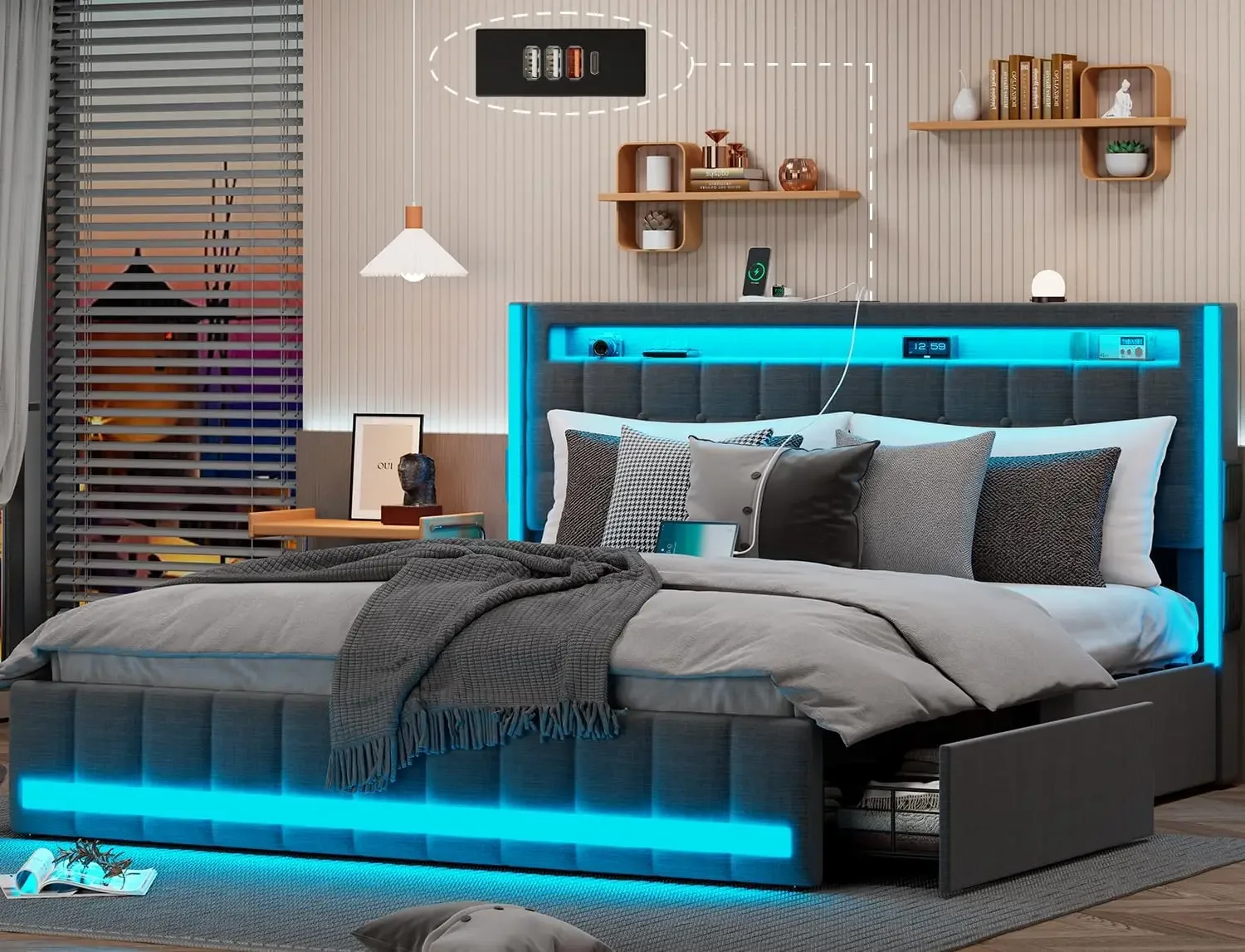 Bed Frame with 4Storage Drawer,RGB LED Light,Charging Station,Adjustable Headboard,Slats Support