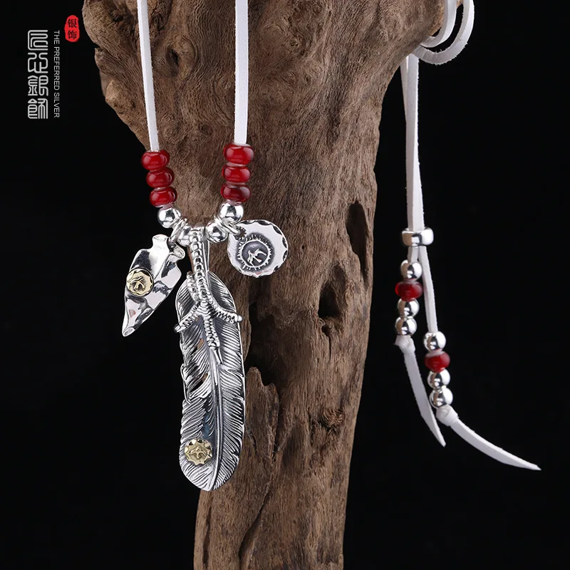 

Ожерелье с японскими перьями из серебра S925 пробы, Мужская трендовая длинная цепь в стиле ретро с когтями Орла для свитера, женская подвеска с шариком