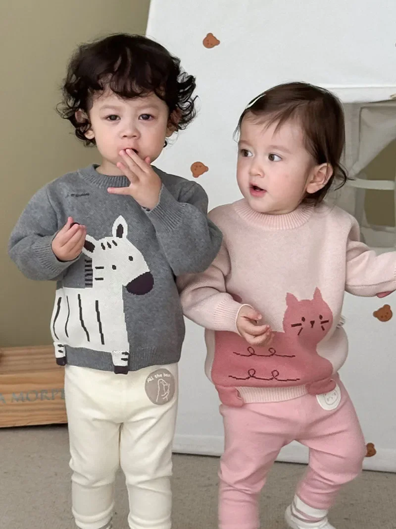 

MILANCEL New Autumn Kid Sweater 9M-5T Cartoon Bear Cat Girls Pullover Loose Korean Children Knitwear Baby Patch Leggings