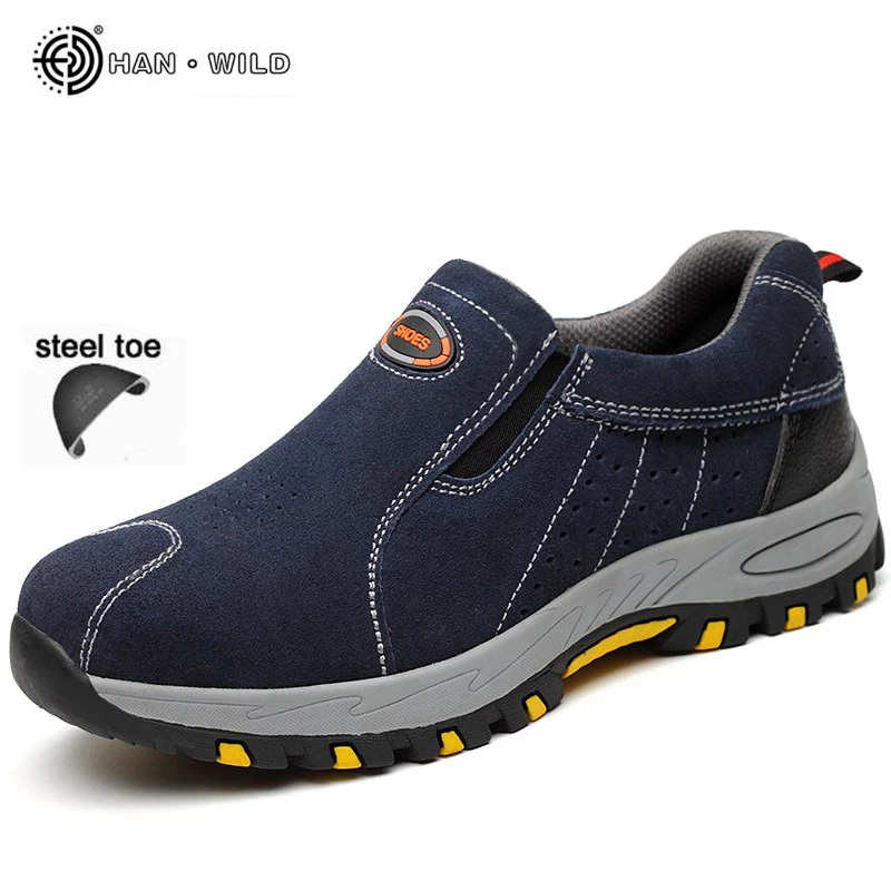 Men Work Safety Shoes Steel Toe Cow Leather Slip-on Safety Boots Men Breathable Puncture-proof Outdoor Shoes Plus Size 37-46