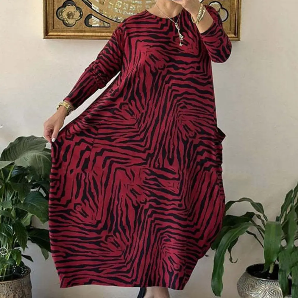 

Casual Dress Leopard Print Maxi Dress with Long Sleeves Pockets for Women O Neck Ankle Length Fall Spring