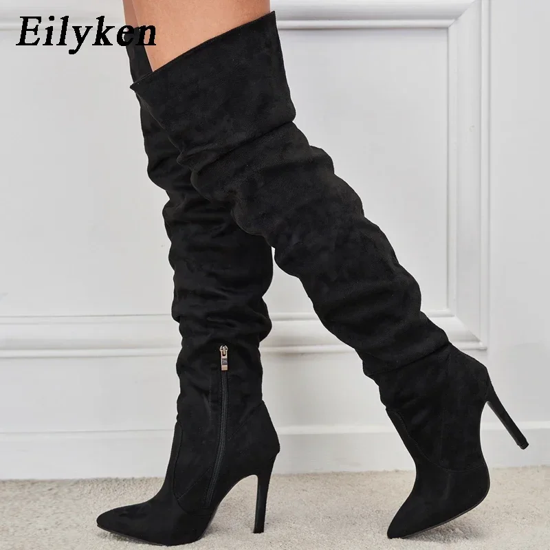 Eilyken Winter Pleated Women Over The Knee Boots Sexy Stiletto High Heel Zipper Shoes Pointed Toe Female Long Booties