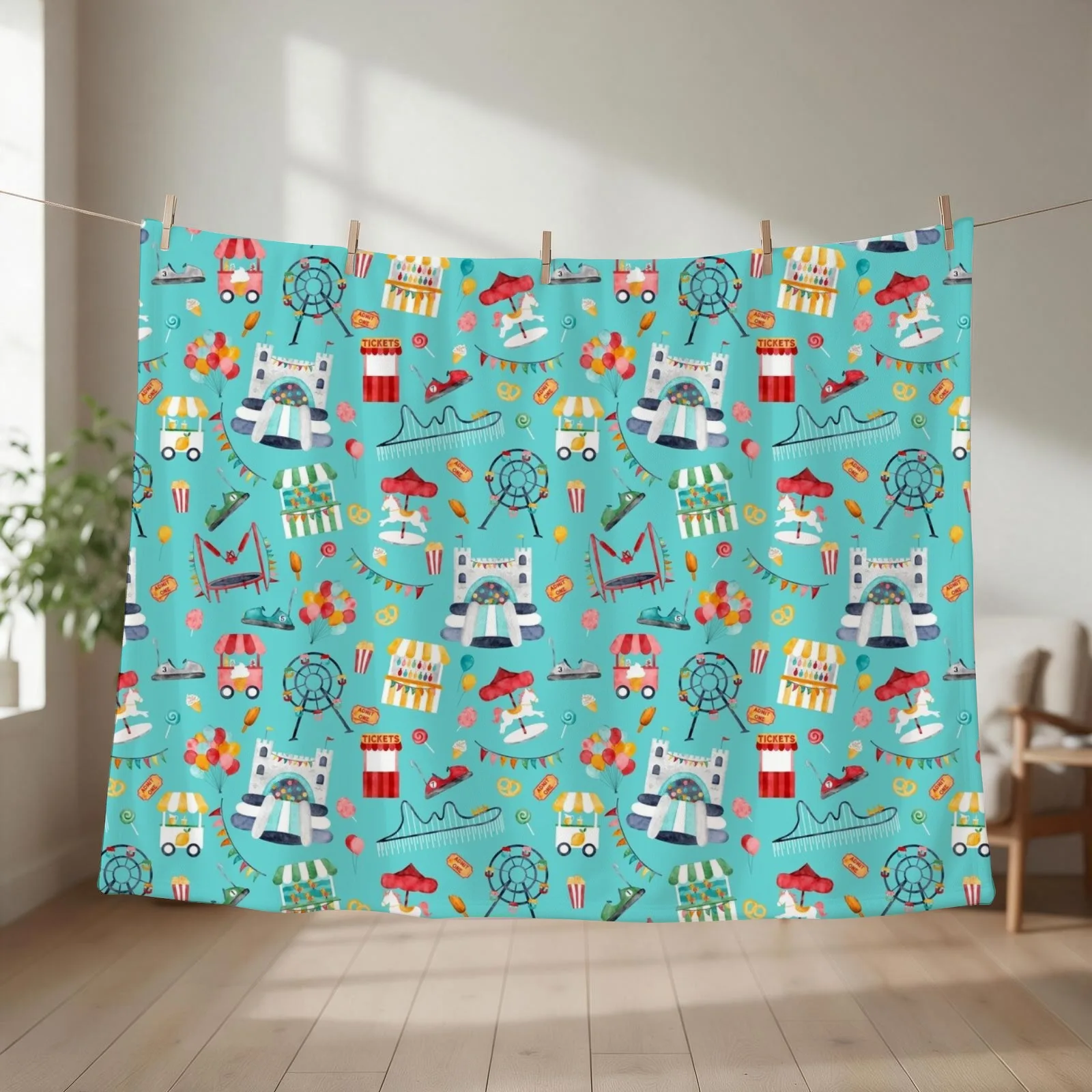 Amusement Park Watercolor Carnival Throw Blanket couch cozy soft plush fuzzy picnic outdoor blanket