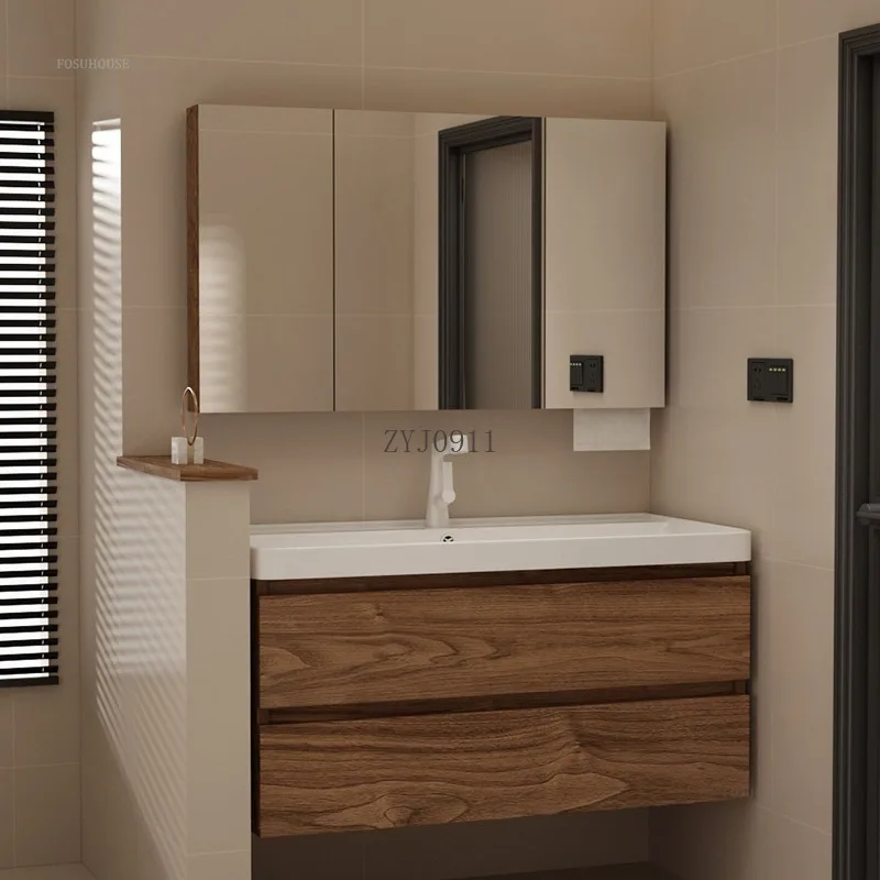 Modern Bathroom Mirror Cabinet Bathroom Furniture with Storage Rack Wall-mounted Mirror Shelf Solid Wood Storage Cabinets