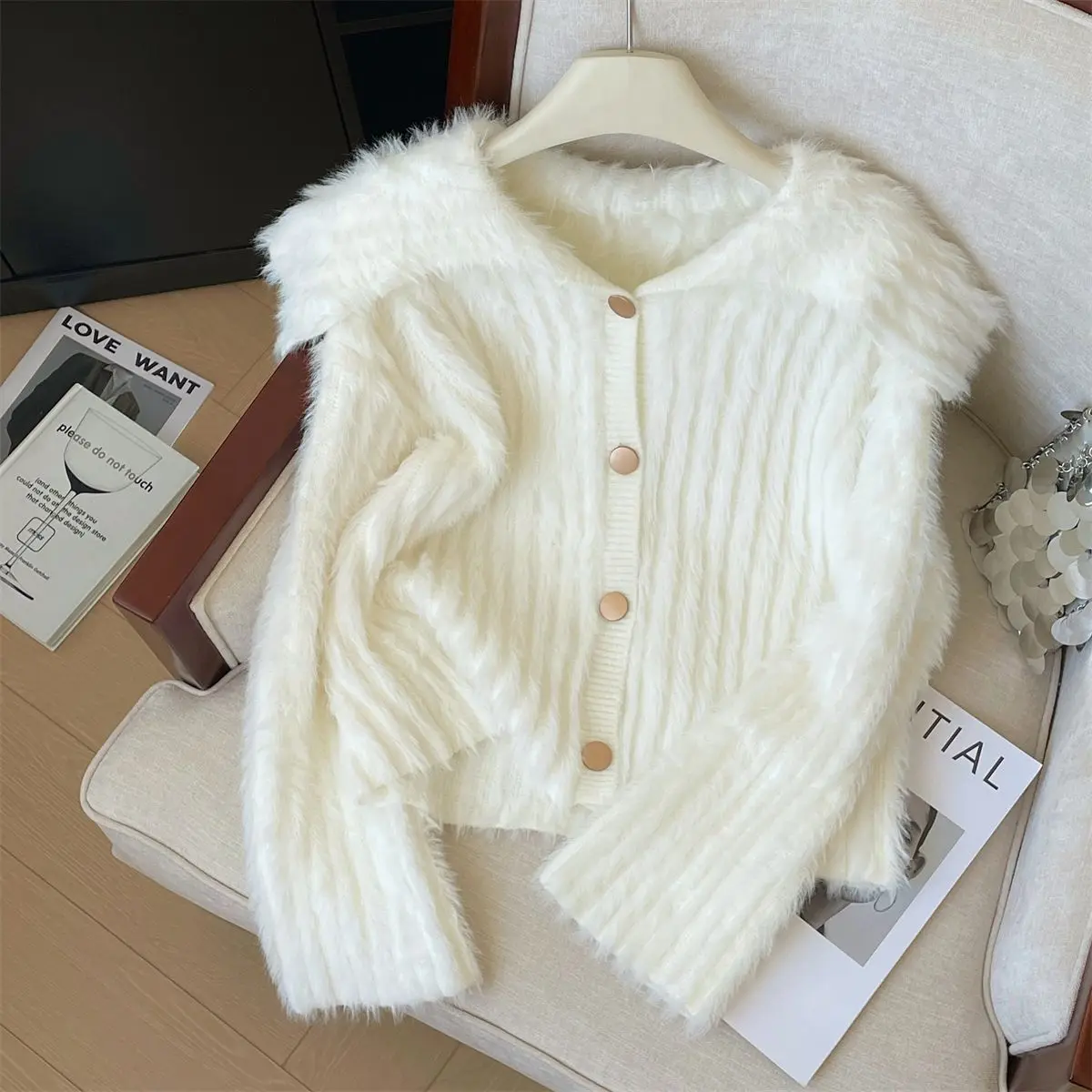 Korejpaa Mink Fur Sweater Jacket Women Autumn Winter New Warm Cardigans Top Elegant Simple Solid Short Knitted Cardigan Clothes