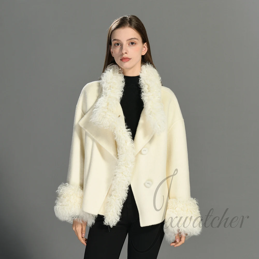 Jxwatcher Woman Winter Coats Fashion Stand Collar Warm Wool Coat with 100% Real Sheep Fur Trim New Arrival Woolen Jackets Female