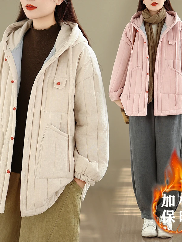 

Зимнее повседневное женское хлопковое пальто с капюшоном в стиле ретро в вертикальную полоску, длинное пальто средней длины Sve для больших ...