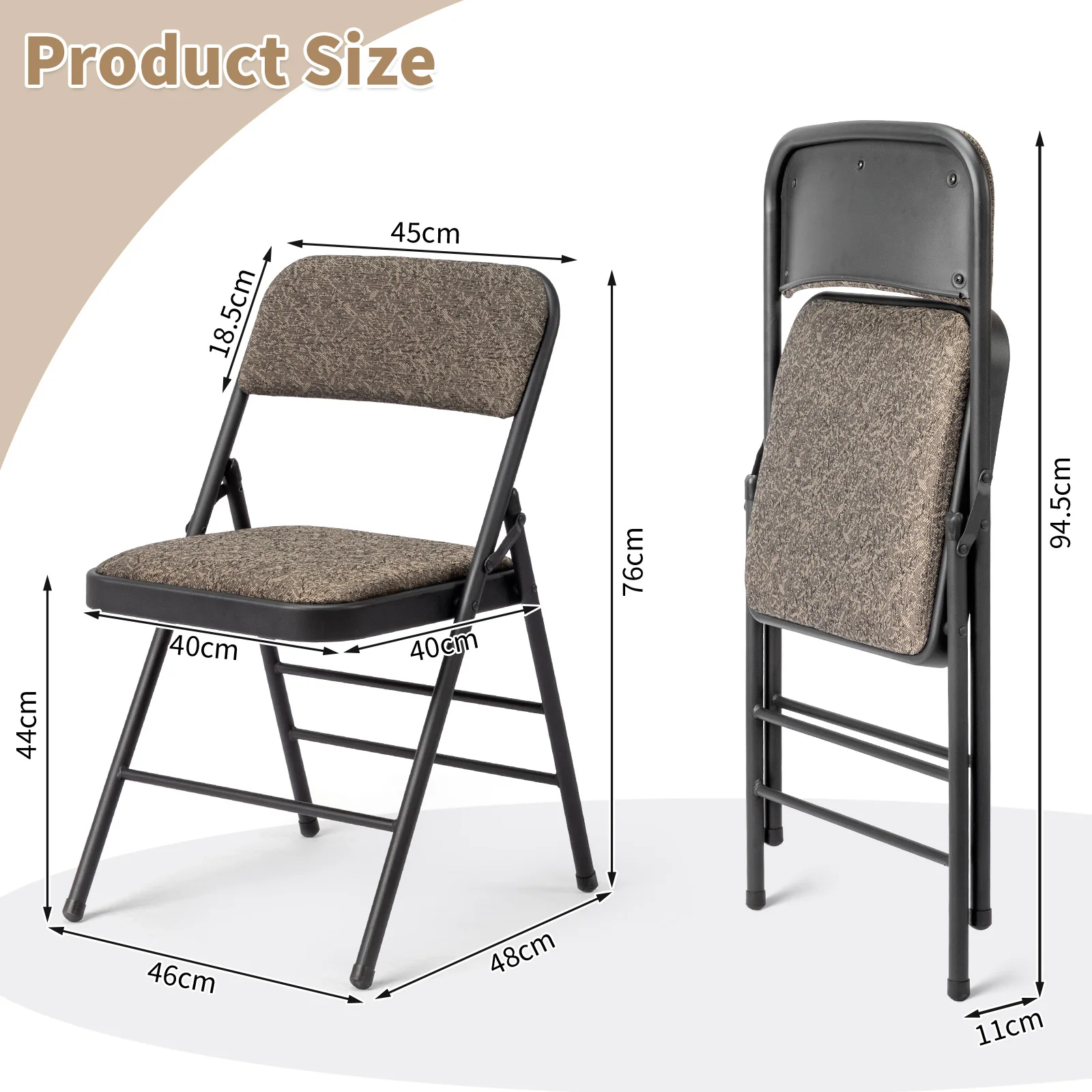 2PCS Brown Fabric Padded Folding Chair, Portable Foldable Dining Chair, Comfort Cushioned Seat & Backrest, Metal Frame Stackable Guest Chair for Home Kitchen Living Room