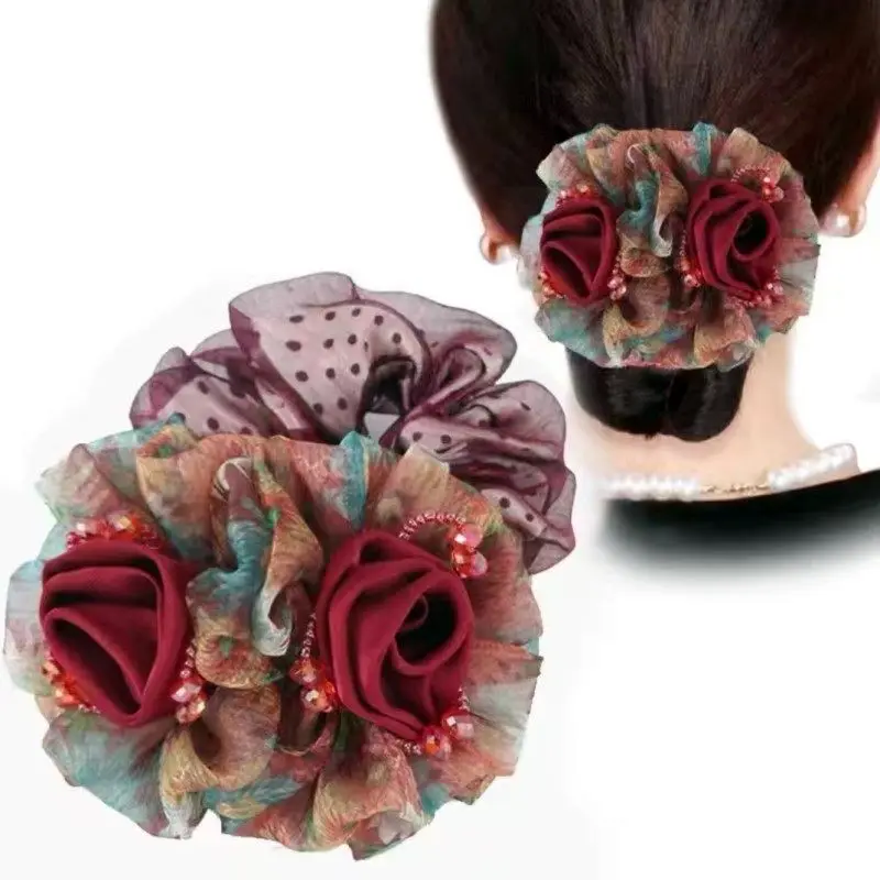 Temperament Mesh Flower  Intestine Hair Band Elegant All-Match Bun Flower-Shaped Hairpin for Updo Head Rope for Women