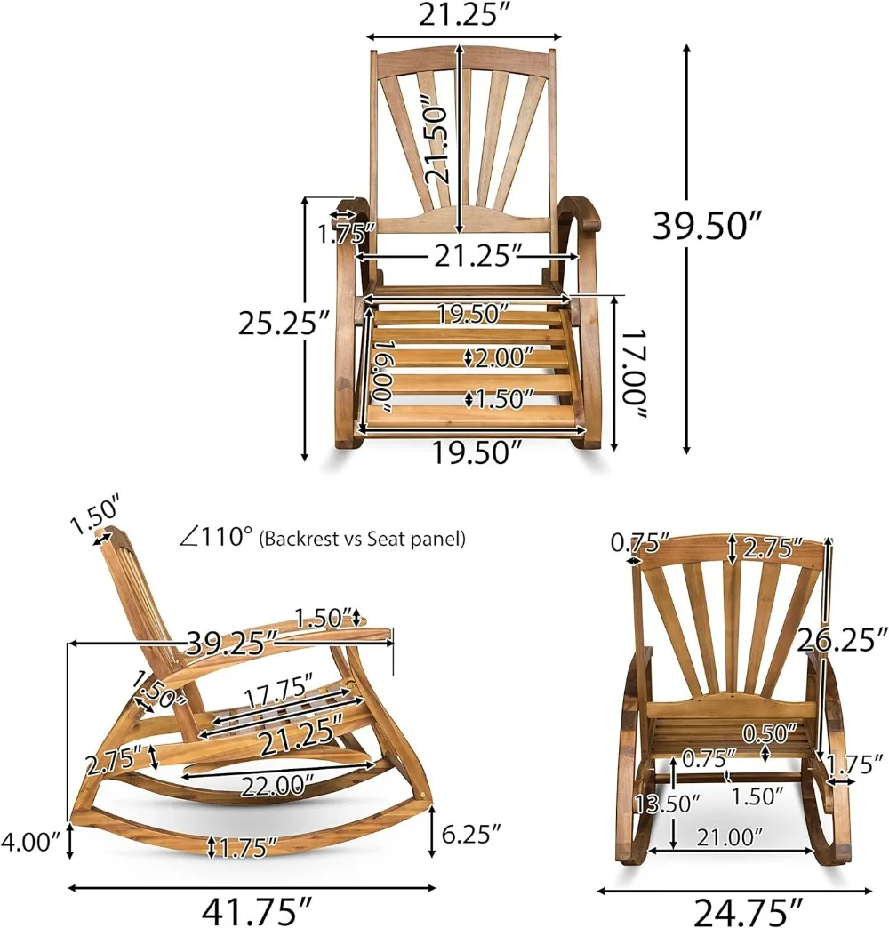 Sedia a dondolo da esterno in legno di Acacia con poggiapiedi, poggiapiedi retrattile resistente agli agenti atmosferici con finitura in Teak