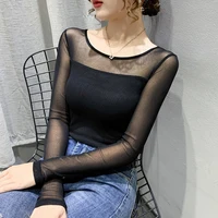 Autumn Winter Round Neck T shirt Women Sexy Mesh Bottoming Shirt Long Sleeve Solid Color Slim Fit Long Sleeve Casual Tops - Image 3