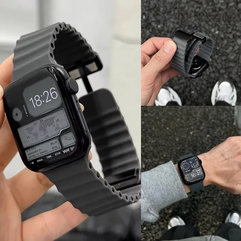 حزام المحيط لساعة أبل 10 9 8 7 Ultra Band 46 45mm 49 44mm 41/42mm سيليكون سوار رياضي مغناطيسي لسلسلة iWatch se 6