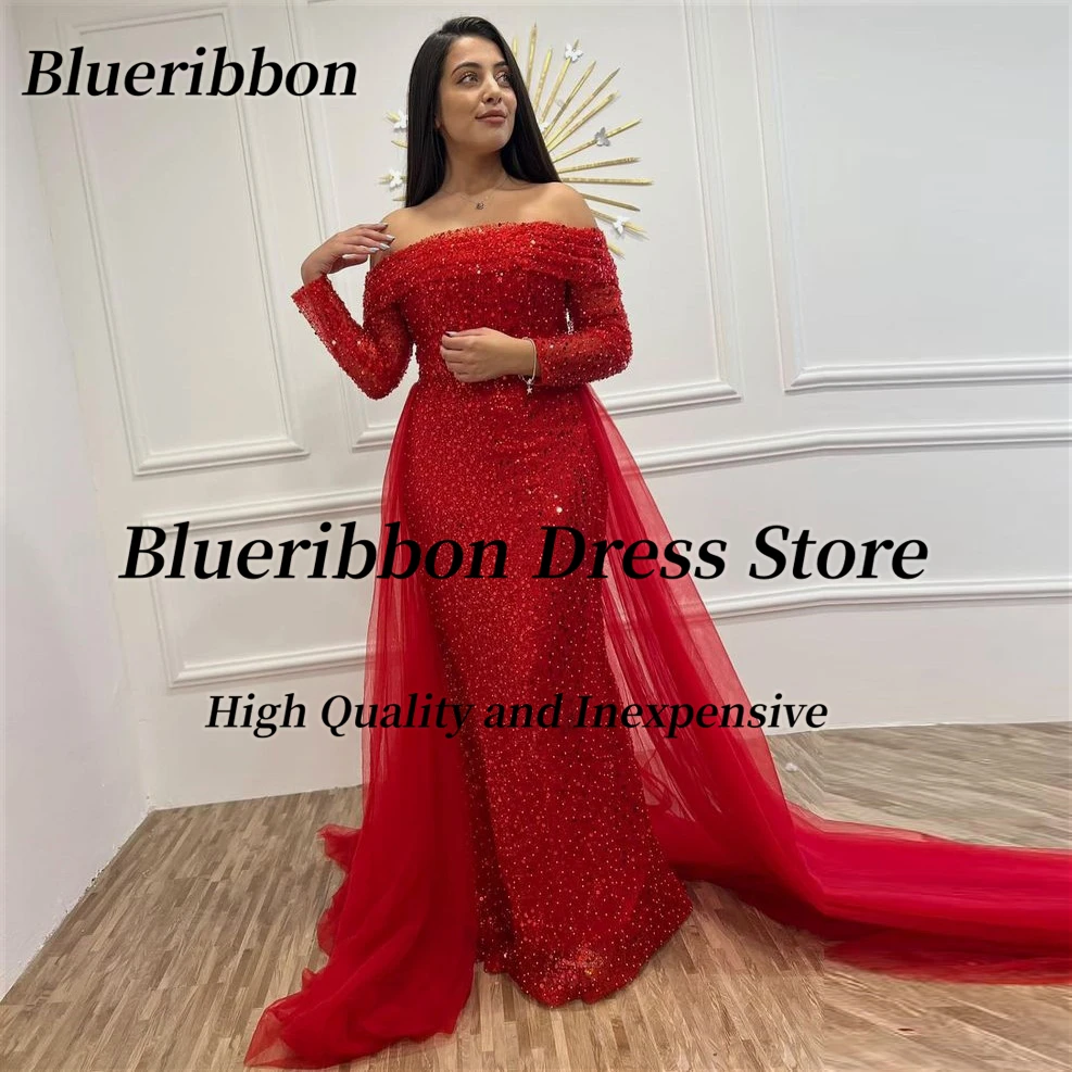 

Blueribbon Red Sequins Prom Dresses Bateau Neck Long Sleeves Evening Gowns with Tulle Overskirts فساتين سهرات فخمه طويلة