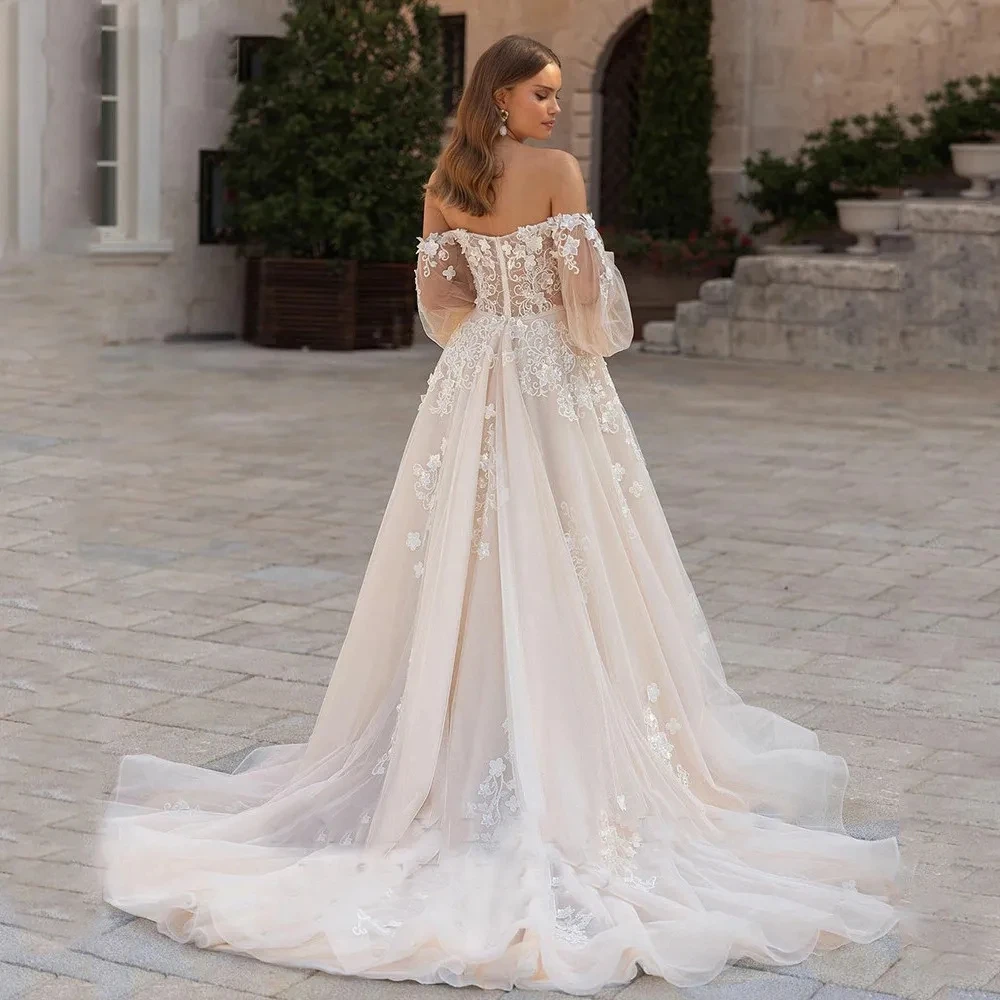 Robes de mariée en tulle longueur au sol avec appliques en dentelle, robes de mariée romantiques, patients au cou de bateau, quelle que soit la longueur initiée, 2024