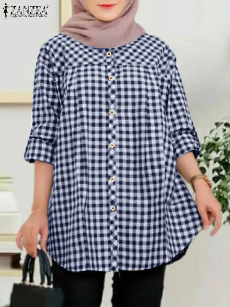 

ZANZEA Women Mulsim Tops Summer Long Sleeve Plaid Checked Blouse Turkey Abaya Casual Long Shirt Kaftan Eid Mubarek Blusas Mujer