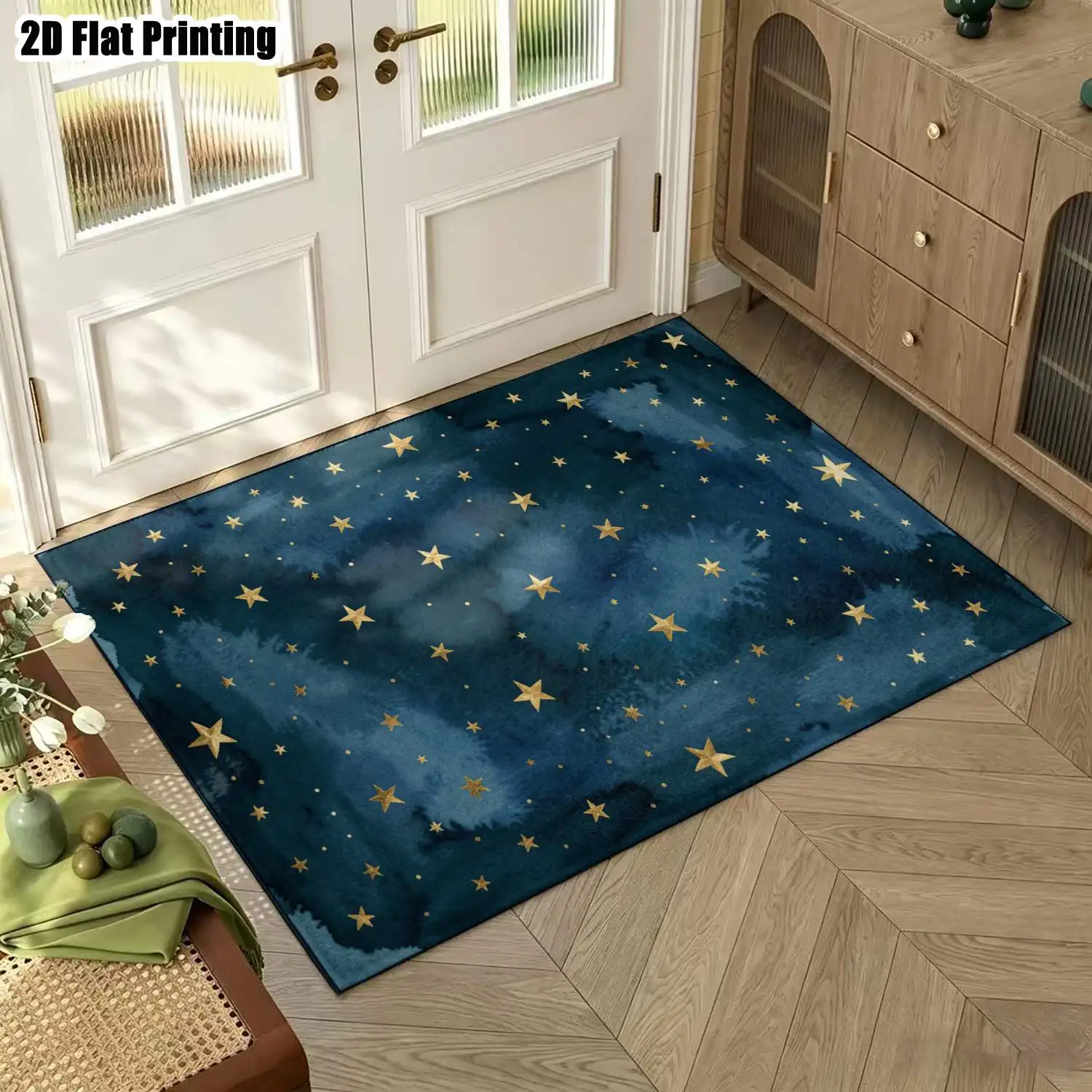 1Pc 2D Printed Navy Blue Gold Star Carpet, Instagram-Style Modern Minimalist Home Decor, Machine Washable, Multi-Size, for Bedroom, Living Room, Dining Room, Entrance, Foyer, Study