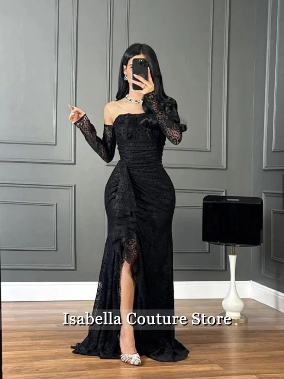 

New Elegant Black Lace Long Sleeves Evening Dress 2025 Pleats Luxury Dresses For Special Occasions Prom Gown Vestidos Customized