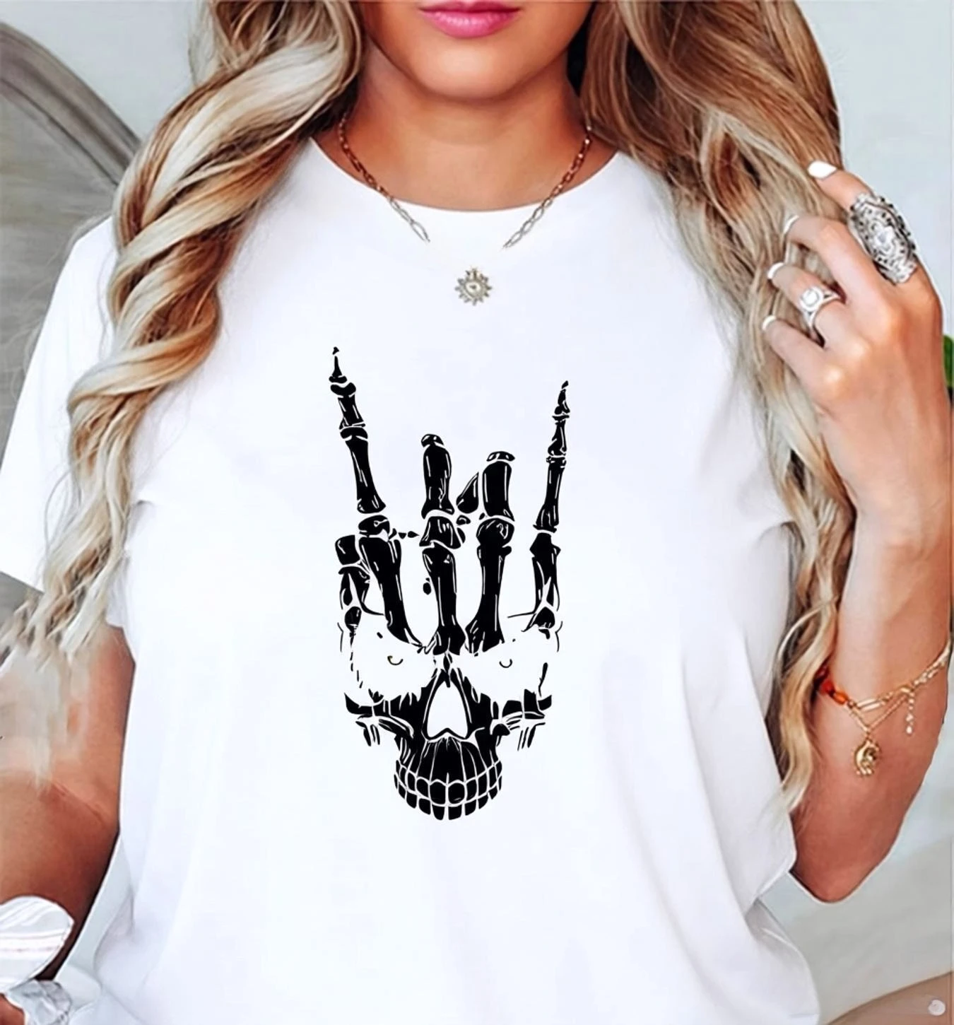 Women's Gothic Skull T-Shirt Casual Short Sleeve Crewneck Tee with Skeleton Hand Rock on Print for Rock and Roll Fans Minimalist