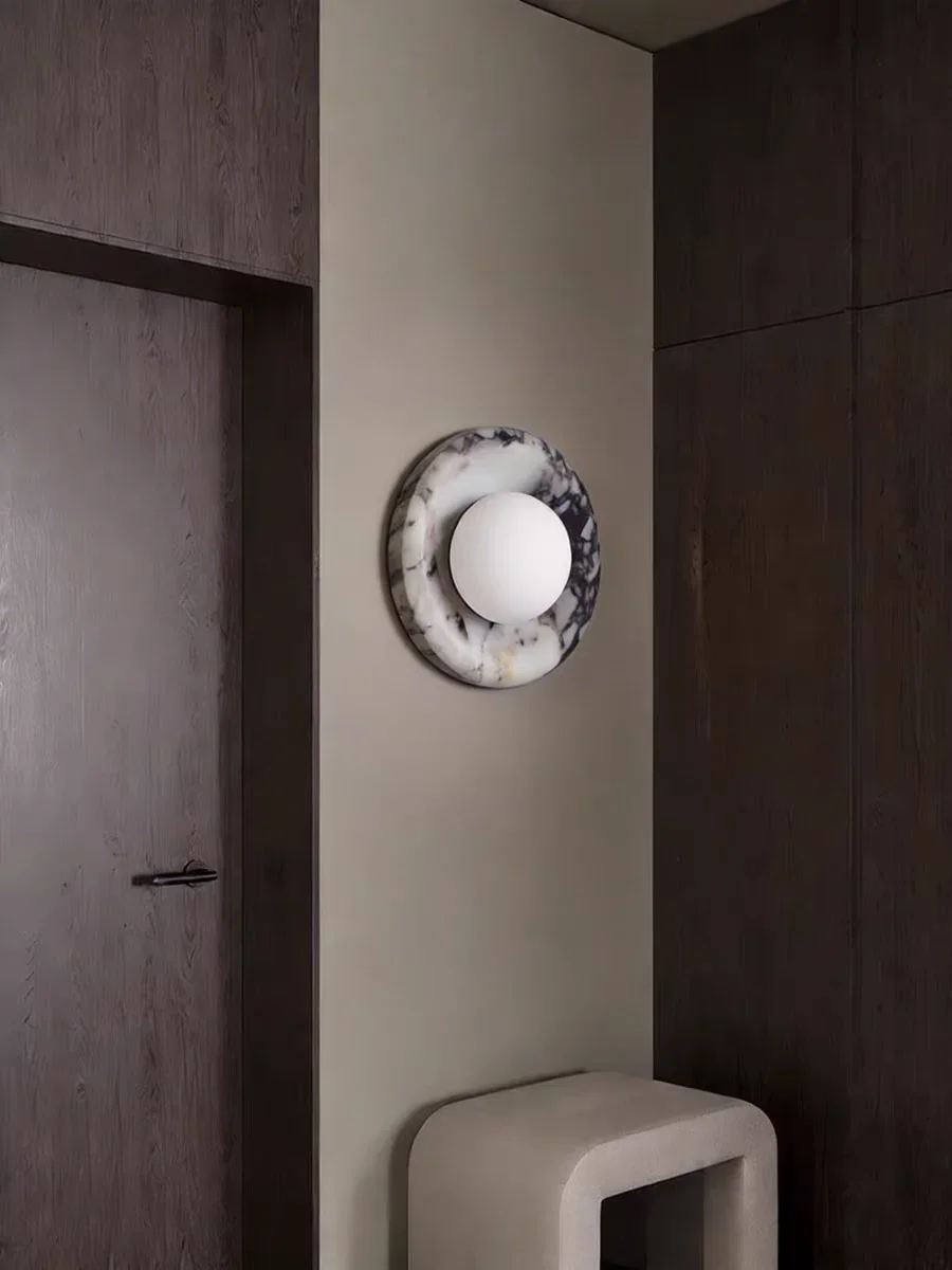 2026 Round Real Stone Wall Light Home Decoration White Glass G9 Bulb For Indoor Bedroom Living Room Each One Different