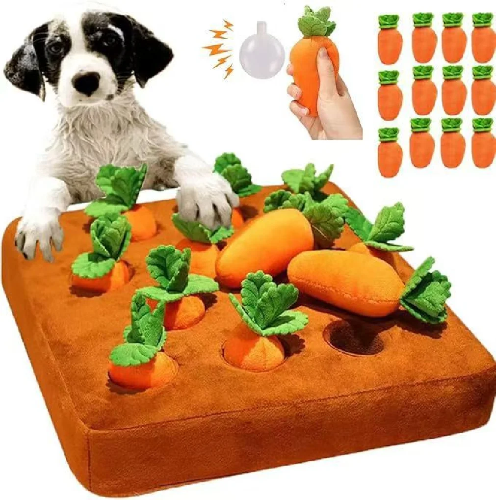 

One that has a soHot Dog Snuffle Mat Plush Carrot Toys Pet Vegetable Chew Toy Hide Food Pull Radish Improve Eating Habits Puppy