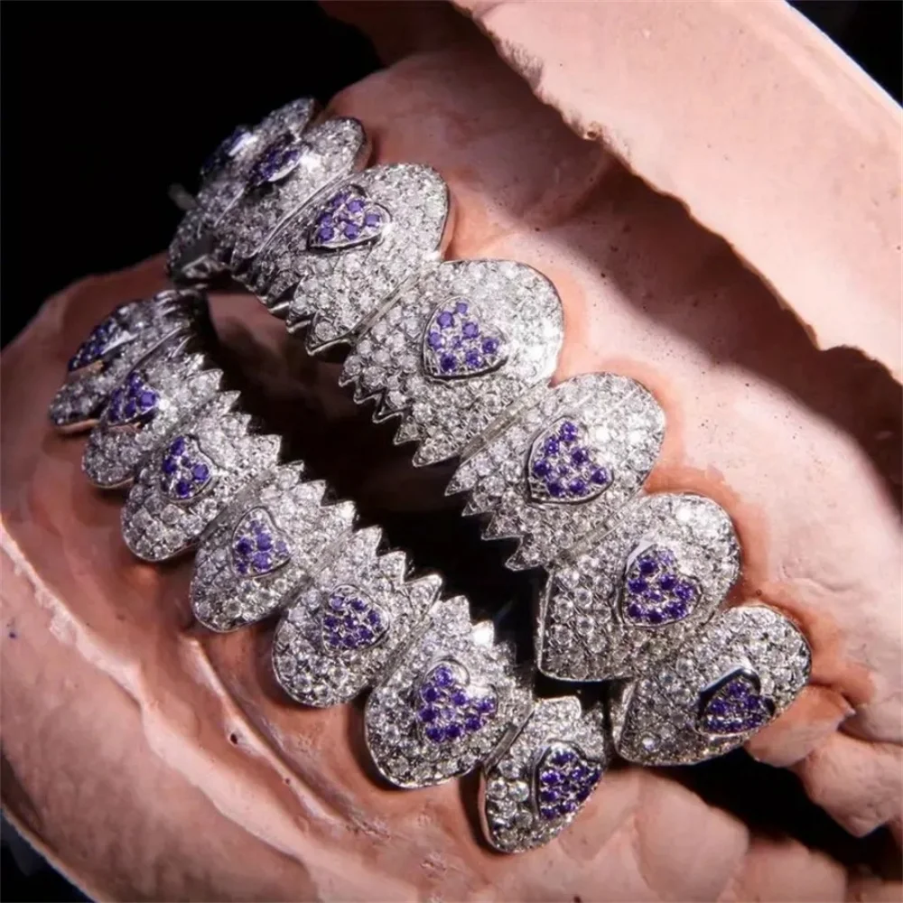 Anztilam Purplr Heart Iced Out Grillz Full Zircon Teeth Shine Grills Men Women Hip Hop Tooth Grills Caps Brass Fashion Jewelry