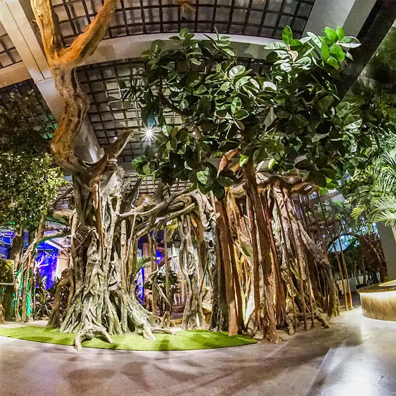 Hotel lobby, large fake roots  house landscaping bionic green plants decorative bonsai