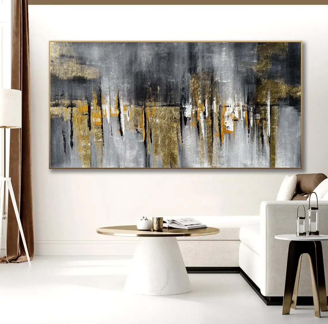 Abstract Acrylic Canvas Handmade Oil Painting Large Long Slim Panoramic Gold Leaf Black Abstract Wall Art For Bedroom Home Decor