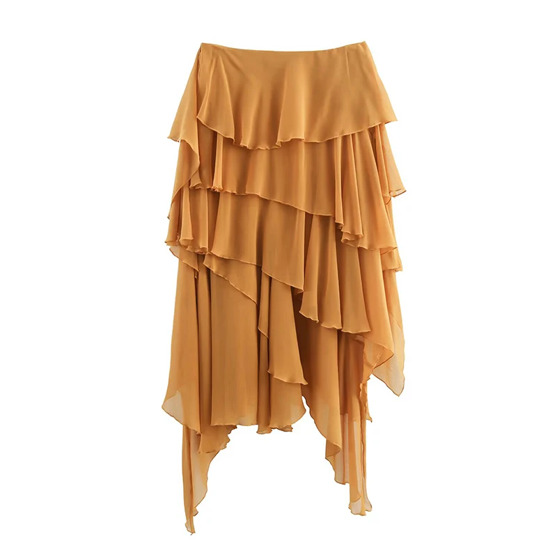

All Season Asymmetrical Tierred Midi Skirt Women Pleated Layered Decoration Mid Length Skirt Female Casual Wear 2025 New