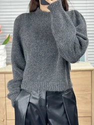 Women's Simple Wind-Hooded Cashmere Top, Puff Sleeves, Slim High-grade Sweater, European Station, New, Autumn