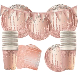 Rose Gold Disposable Tableware Diamond Pattern Paper Cups Plates Straws Table Decoration Wedding Birthday Party Supplies