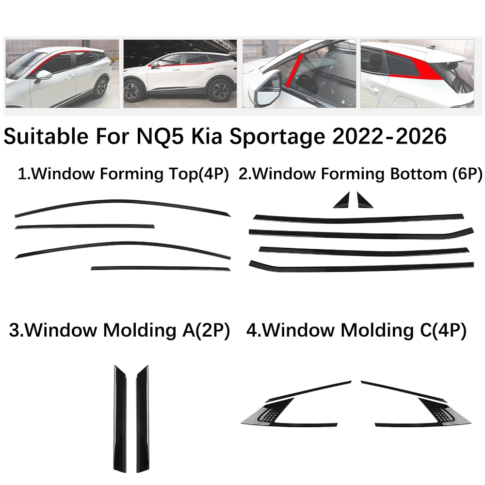 16pcs For Kia Sportage NQ5 ABS Car Window Decorative Strip Forming Top Bottom and A-C Pillars Cover Trim Car Exterior Mouldings