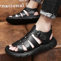 FashionableGenuine leather summer beach men's sandals Outdoor Walking Anti-slip Beach Sport Shoes Platform Sandals Man