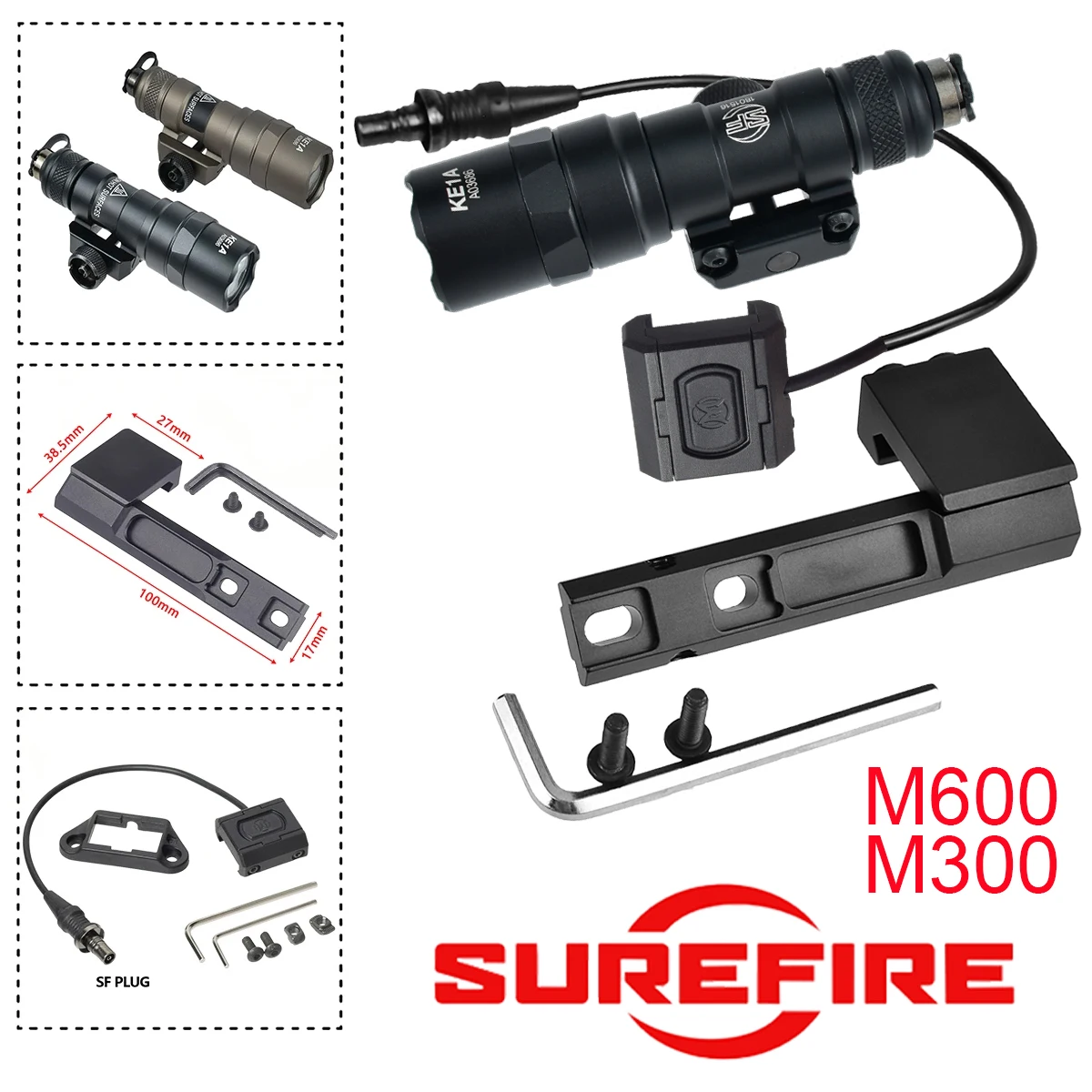 Lampe tactique SF Airsoft Surefire M600 M300 avec support offset, bouton UNITY, interrupteur à pression, rail 20 mm, lampe de poche pour la chasse en extérieur