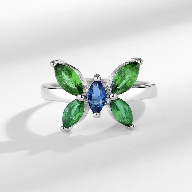 Korean-style mid-range micro-set colored zirconia butterfly 925 sterling silver ring with open design - finger ring - jewelry