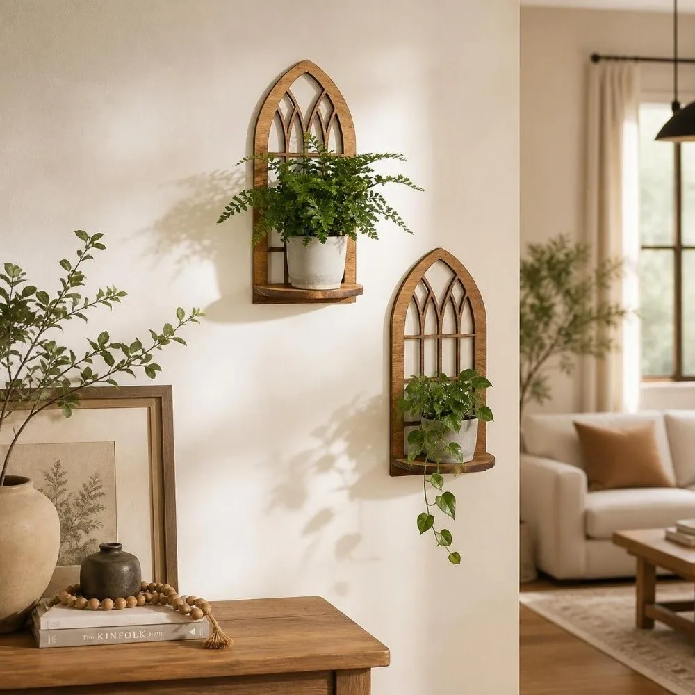 Hanging Floating Wall Mounted Wooden Shelf Window Shape Hollow Out Wall Display Stand Rustic Style Leaf Shape Wall Decor