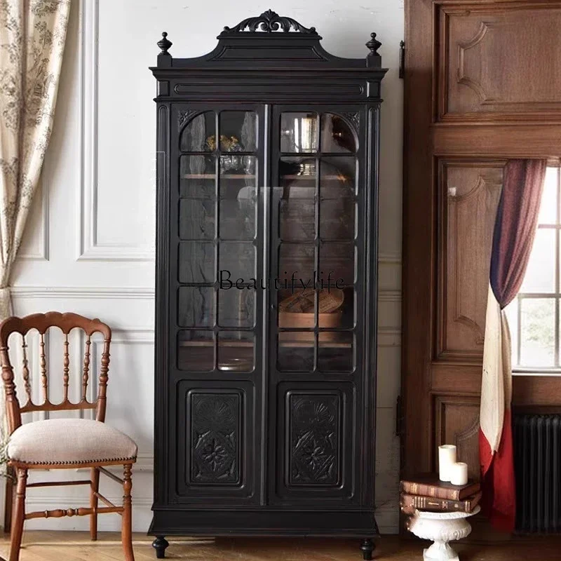 

12-*French antique solid wood carving flower black dining side cabinet small apartment display double door locker