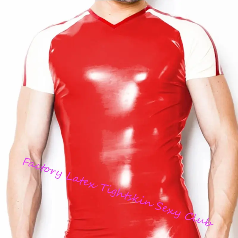 

Rubber Top Latex Shirt Red with White Men Fashion Top Size XXS-XXL