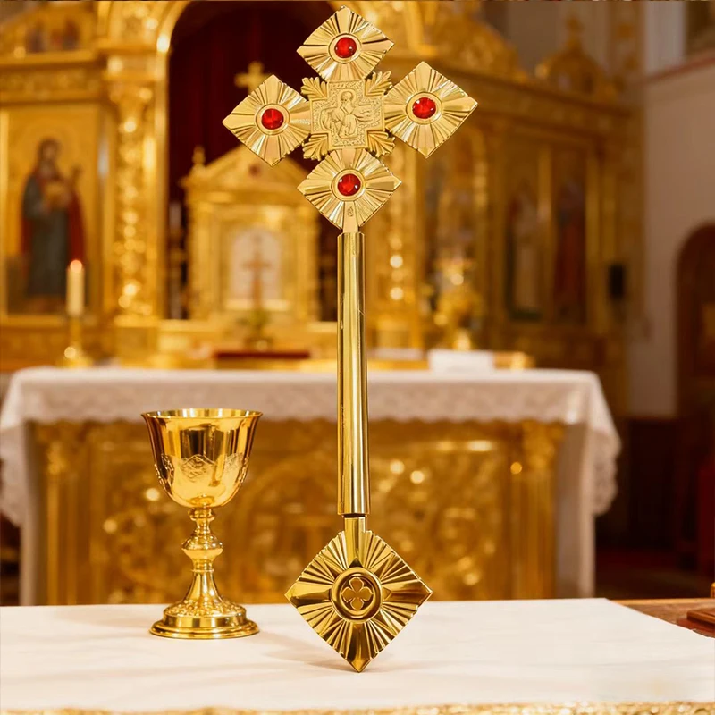 New 2026 Eastern Orthodox metal cross scepter religious ceremony sacrament celebration inlaid with bright ruby religious belief