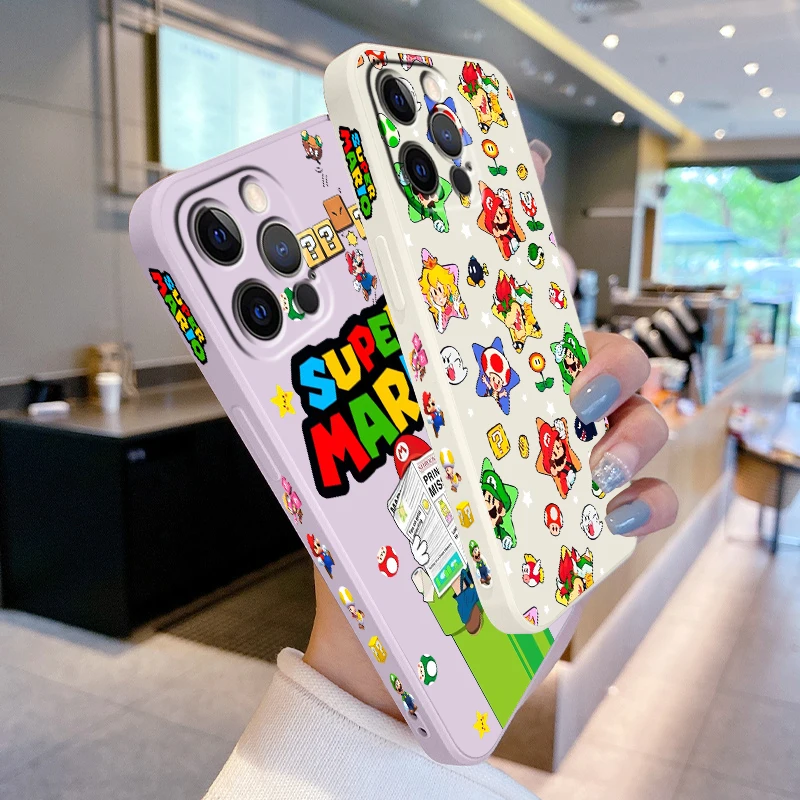 S-Super M-Marios B-Bros Cute Liquid Left Rope For Apple iPhone 15 14 13 12 11 XS XR X 8 7 SE Pro Max Plus Mini Funda Phone Case