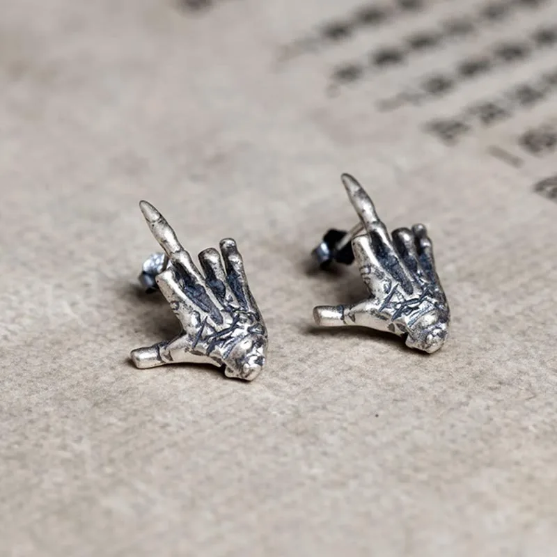 Vintage Silver Color Skull Hand Middle Finger Stud Earrings for Men Women Punk Hip Hop Halloween Piercing Earring Rock Jewelry