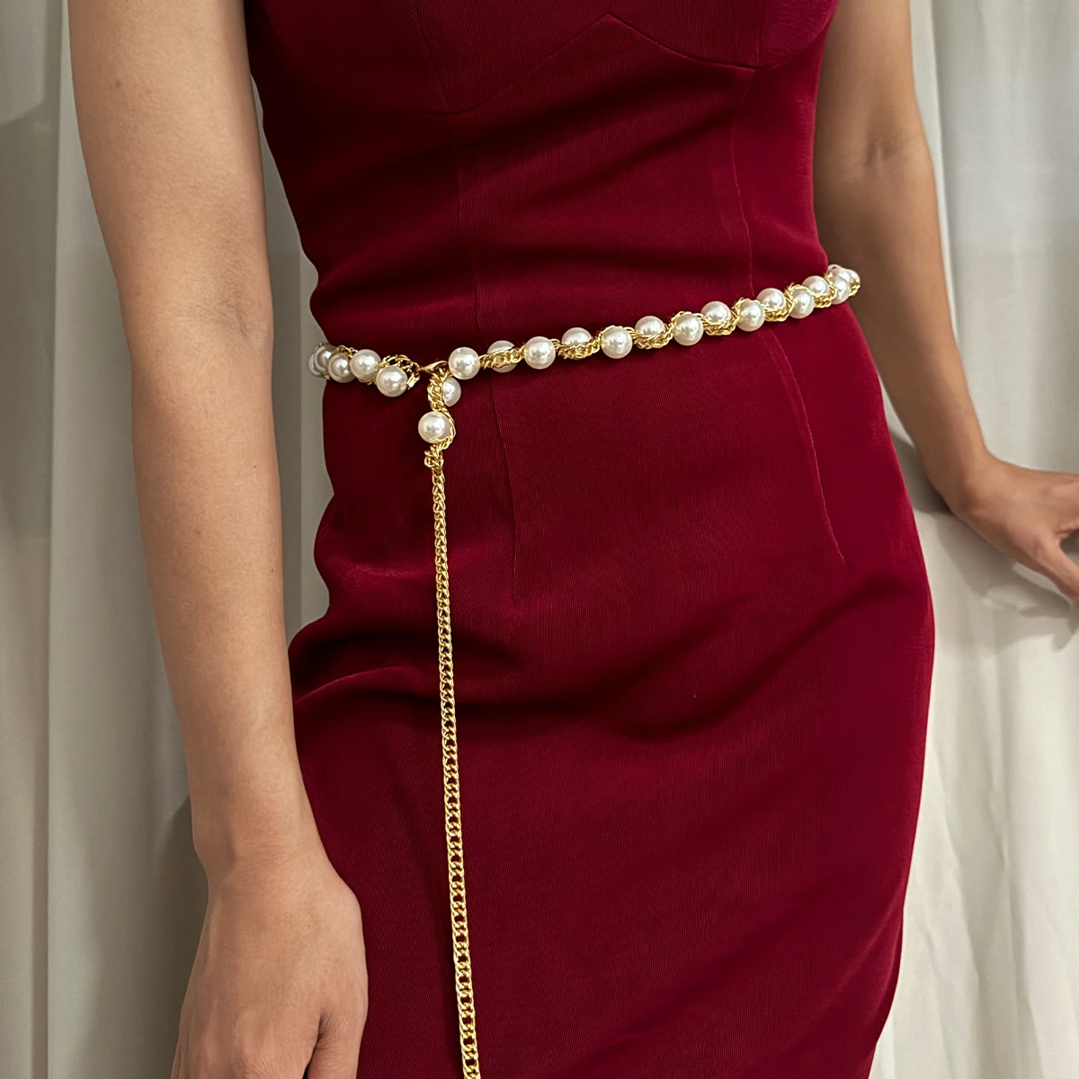 Women Gold Chain Waist Belt With Imitation Pearl Decor Long Tassel Pendant Elegant Slim Waist Chain Decorative Belt For Formal Dresses