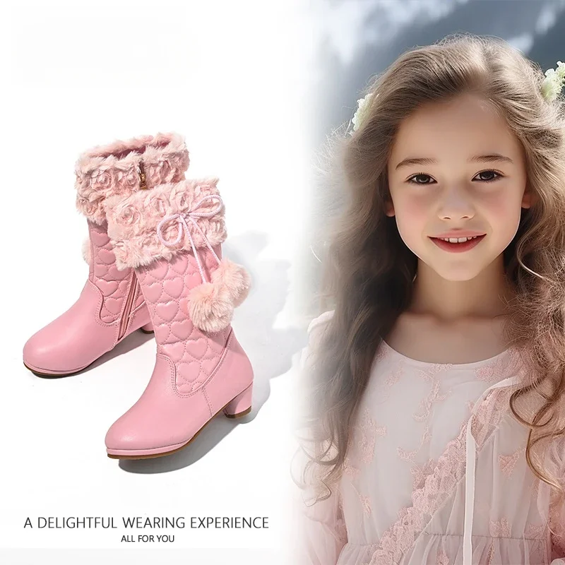 Pink Children Leather Boots for Girls Autumn Winter New Fashion Anti-slippery Keep Warm High Top Princess Knight Snow Boots