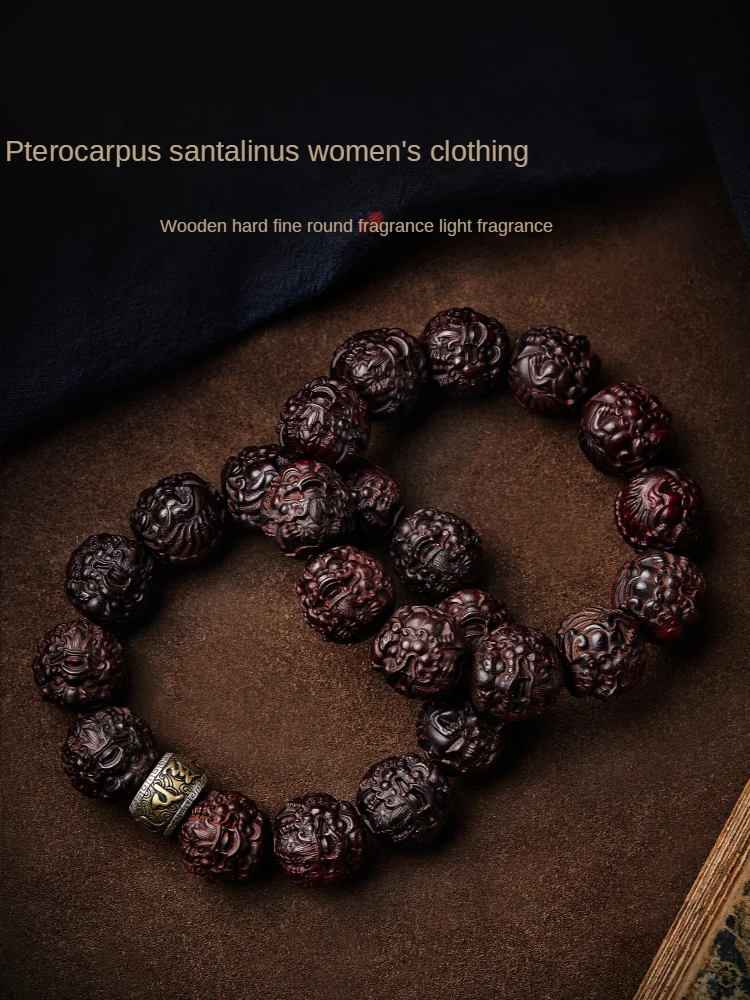 Pterocarpus – Bracelet de Santalinus pour hommes, artisanat, grandes perles de bouddha, perles à main Pi Xiu, Six mots, Mantra, jouet à main