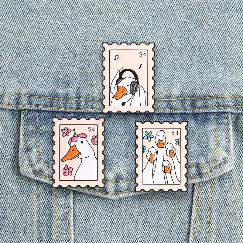 Cute Retro Stamp Goose Badges Flower Crown Duck Enamel Pin Funny Brooch Kawaii Cartoon Animal Accessories Decor Gift
