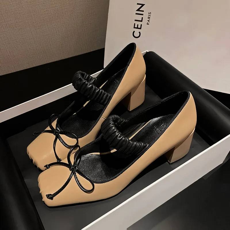 

Square Toe Bow Detail Mary Janes Shoes Satin Block Heels Slip-On Elastic Band Casual Sweet All Seasons Women Fashion Shoes