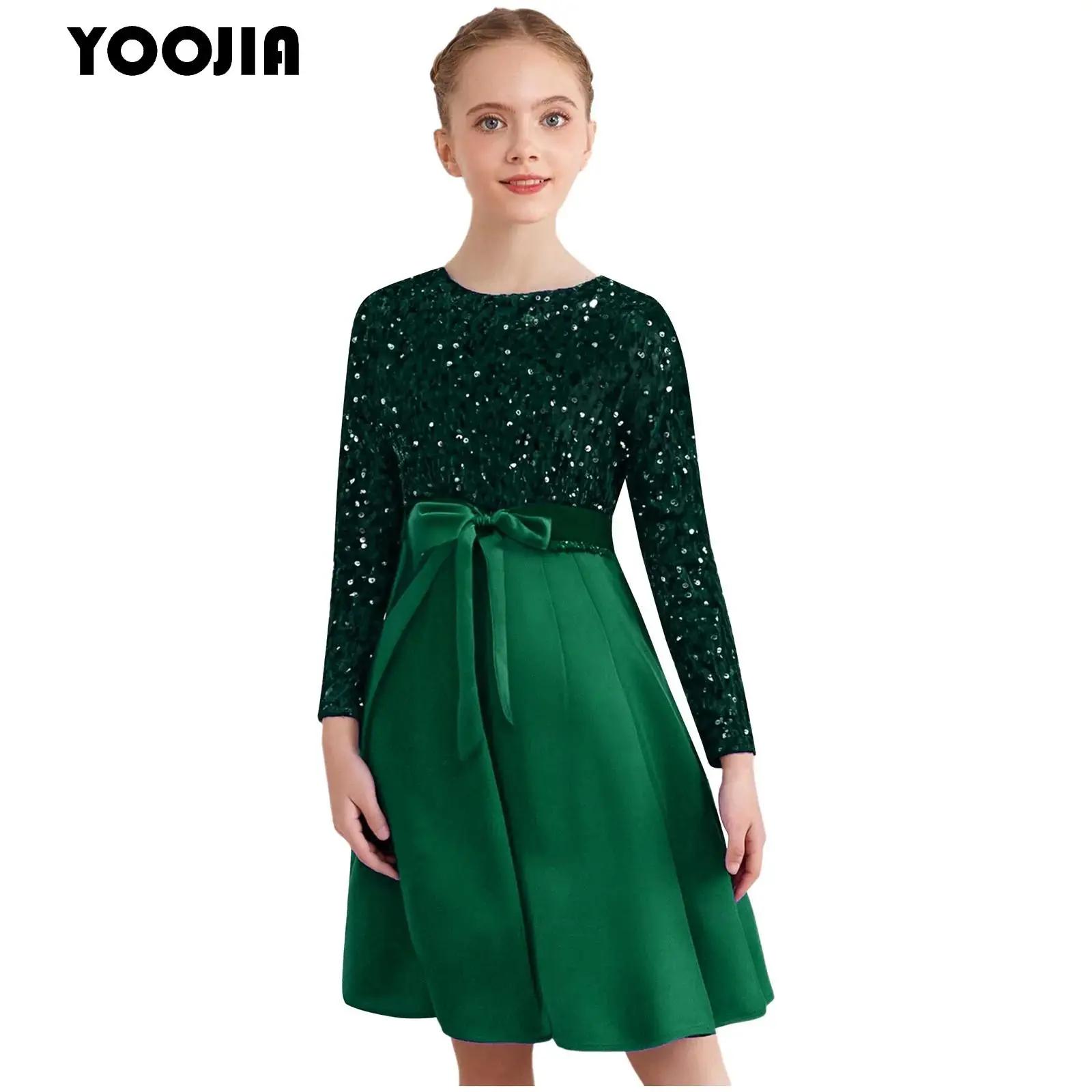 Flower Girls Sequins Christmas Party Dress Long Sleeve Belted Pleated New Year Princess Dress Elegant Banquet Wedding Ball Gowns