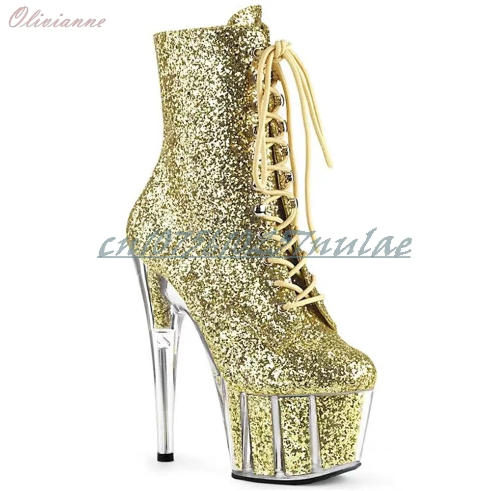 Gold Glitter Stage Performance Mid Calf Boots Platform Front Lace-up Stiletto High Heel Women Shoes Sexy Dance Strappy  Runway