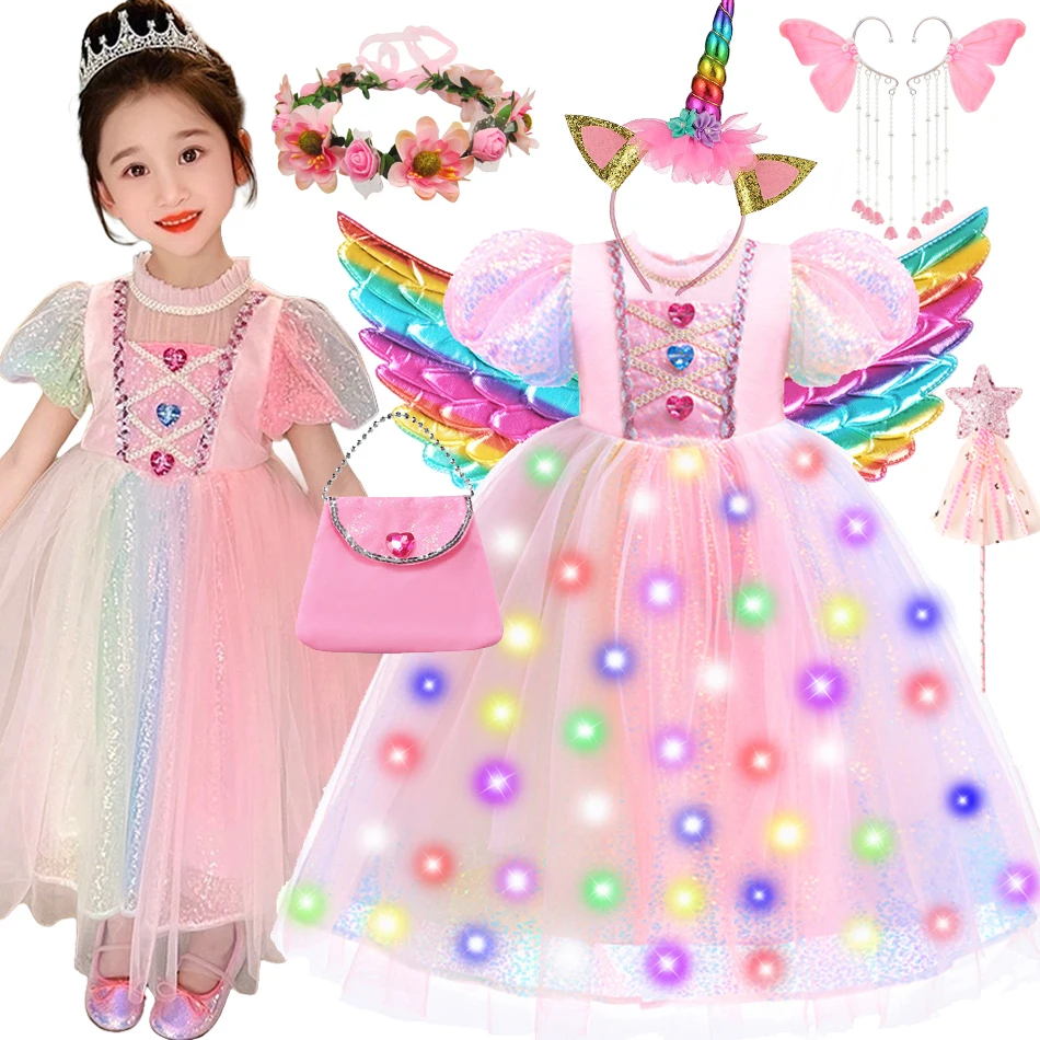 Kids Unicorn Dress for Girls Flower Rainbow Heart Pink Ball Gown Elegant Party Costumes Little Girl Princess Cosplay  Halloween