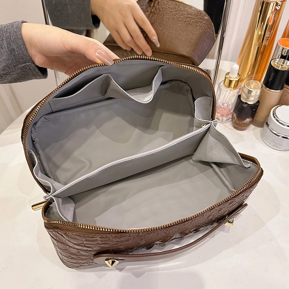 Bolsa de maquillaje con diseño de piel de serpiente, bolsa de cosméticos de cuero PU con asa, organizador de maquillaje, bolsa de almacenamiento de gran capacidad para mujeres y niñas