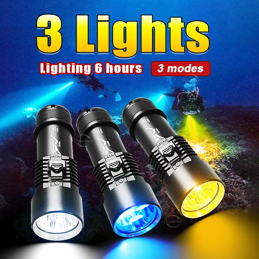

New Powerful Diving Flashlight 3 Colors Professional Diving Torch IPX8 Waterproof High Power LED Flashlight Scuba Diving Lantern